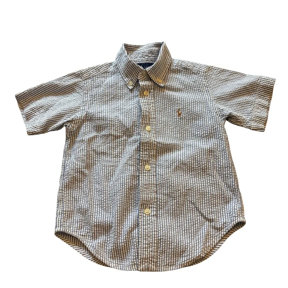 Ralph Lauren Boy 2T Blue White Seersucker Striped Short Sleeve Button Down Shirt